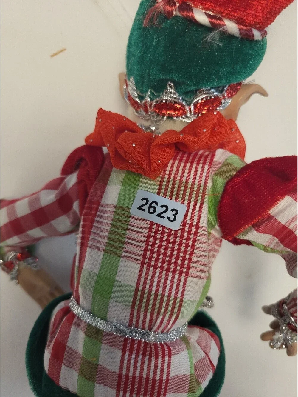 Vintage Christmas Elf Figurine with Plaid Outfit and Velvet Accents 17.5x16